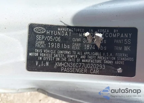 2007 Hyundai Accent Se z USA, uszkodzony, nr VIN KMHCN36C77U020293